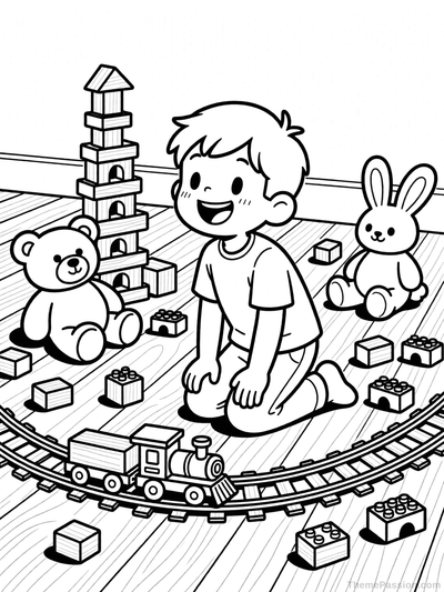 Boy Playing with Toys Coloring Page