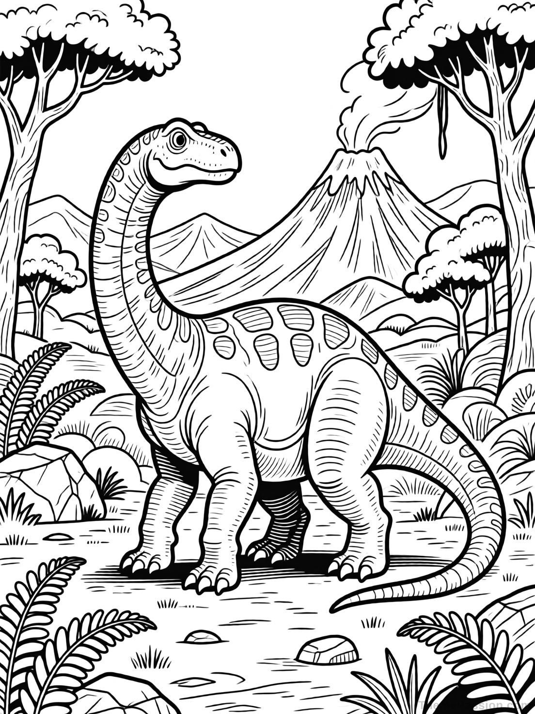 Detailed Brontosaurus Prehistoric Scene Coloring Page