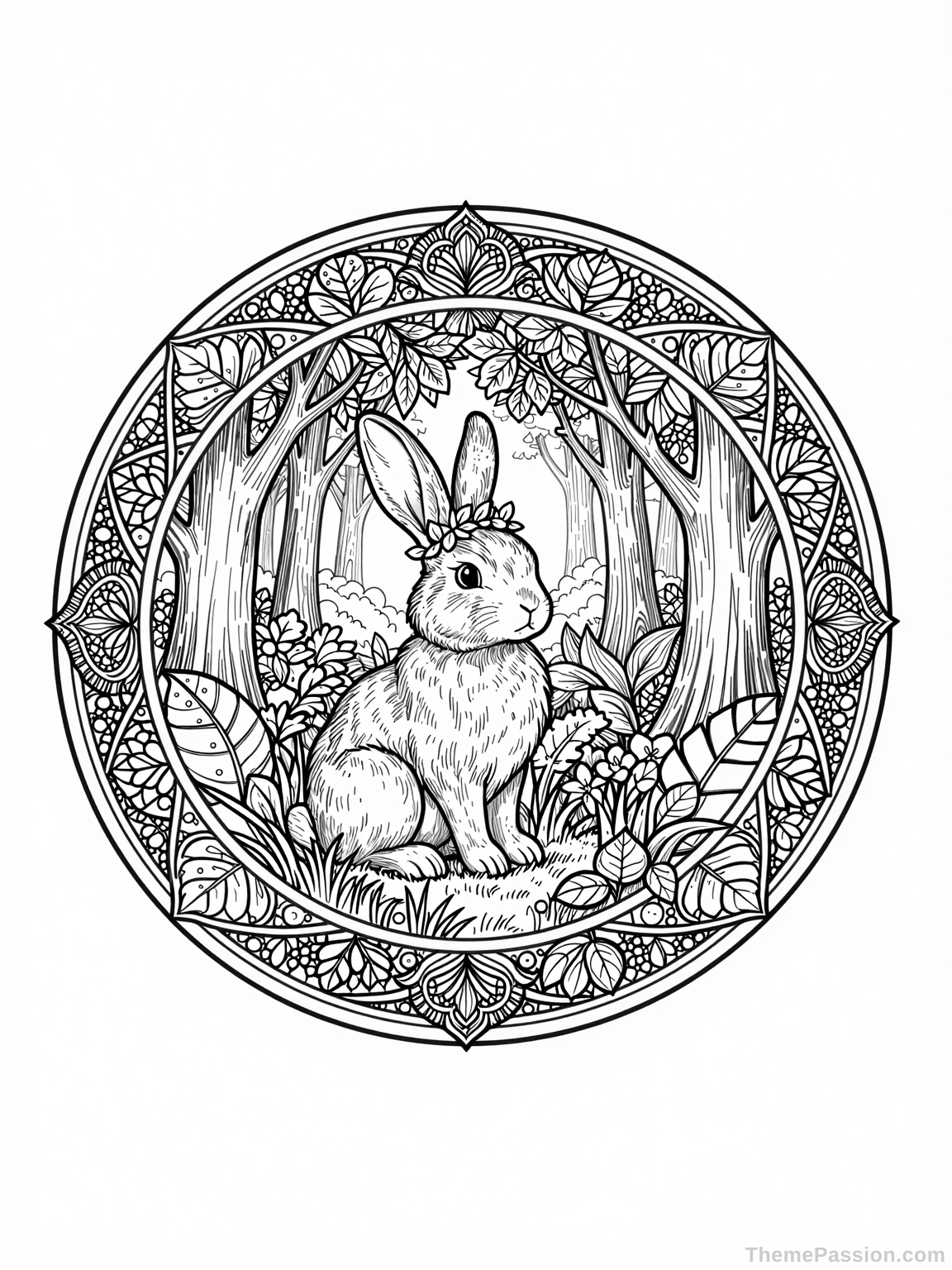 Bunny Mandala Forest Coloring Page