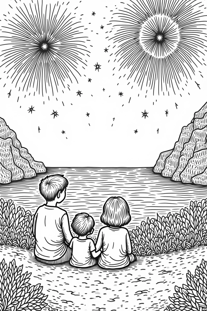 Victoria Day Canadian Family Fireworks Coloring Page