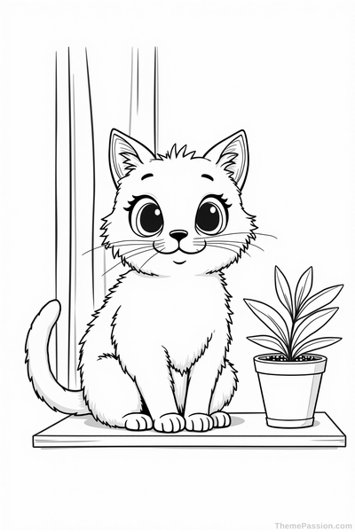 Cozy Cat on Windowsill Coloring Page