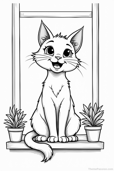 Cozy Cat on Windowsill Coloring Page