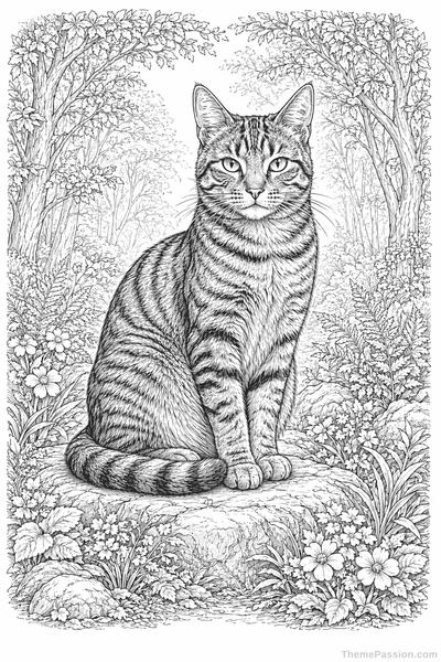 Cat in Forest Coloring Page