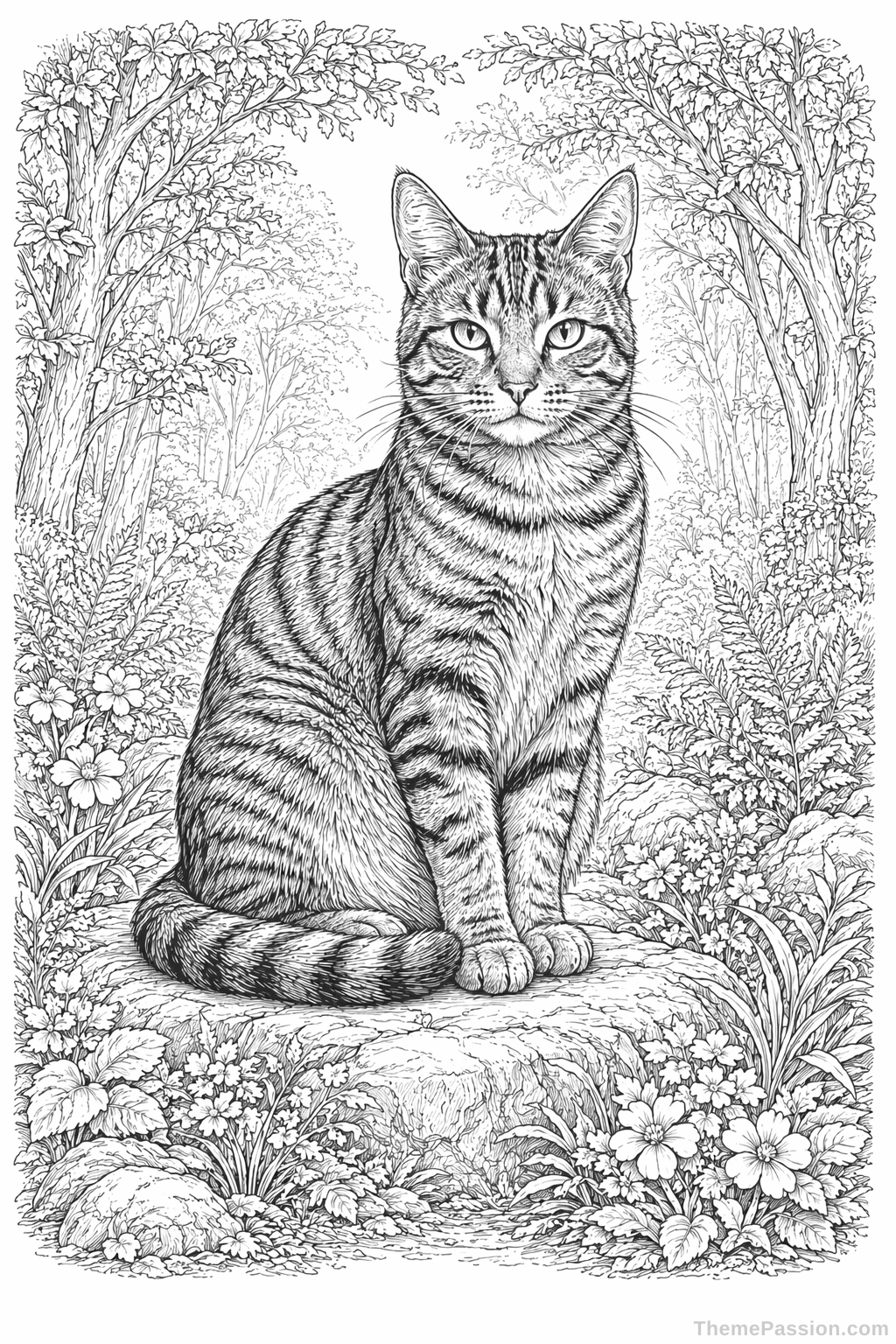 Cat in Forest Coloring Page