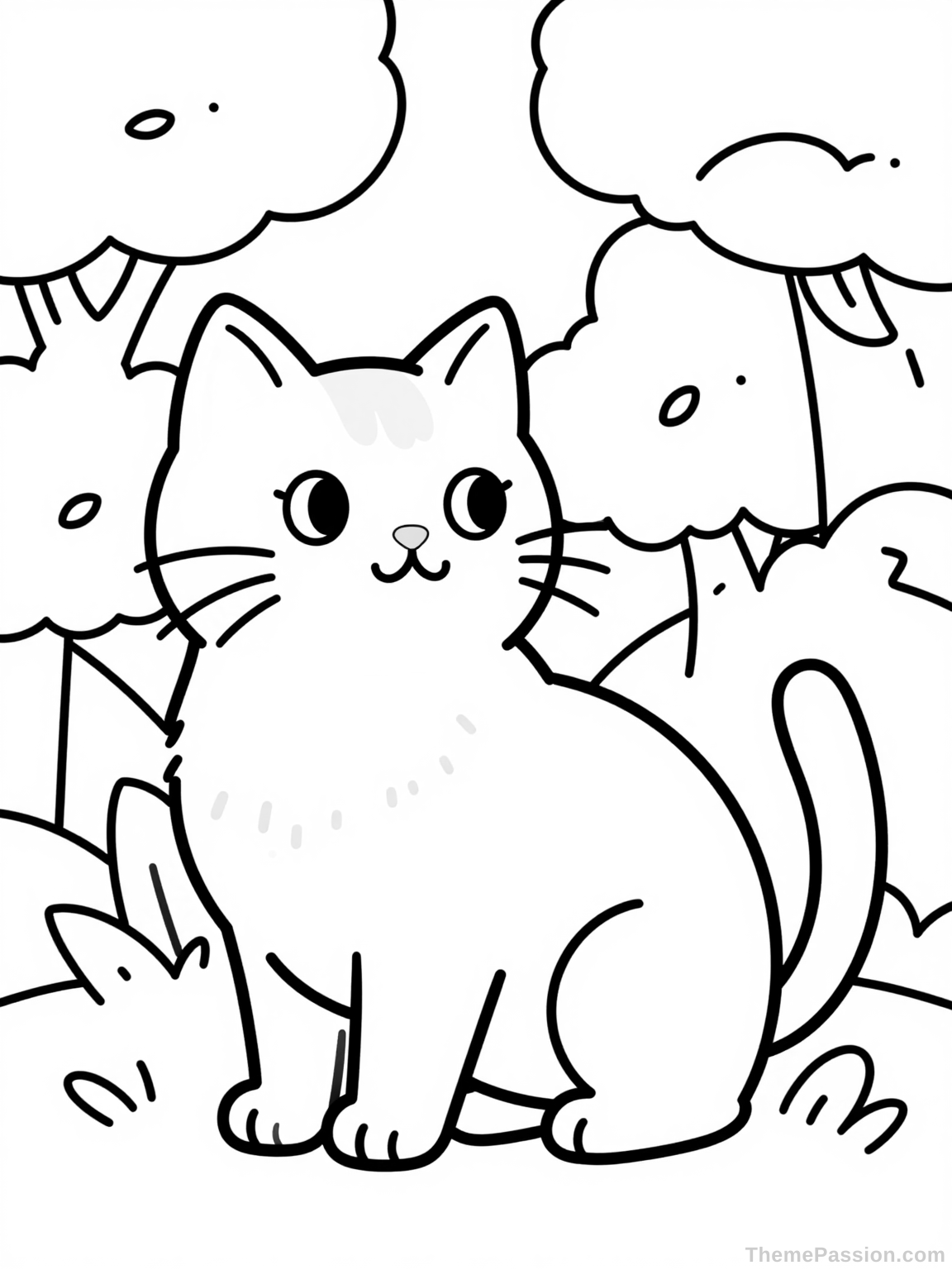 Cat in Nature Outdoor Scene Coloring Page