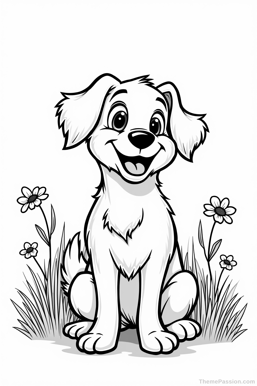 Cheerful Dog in a Field Coloring Page