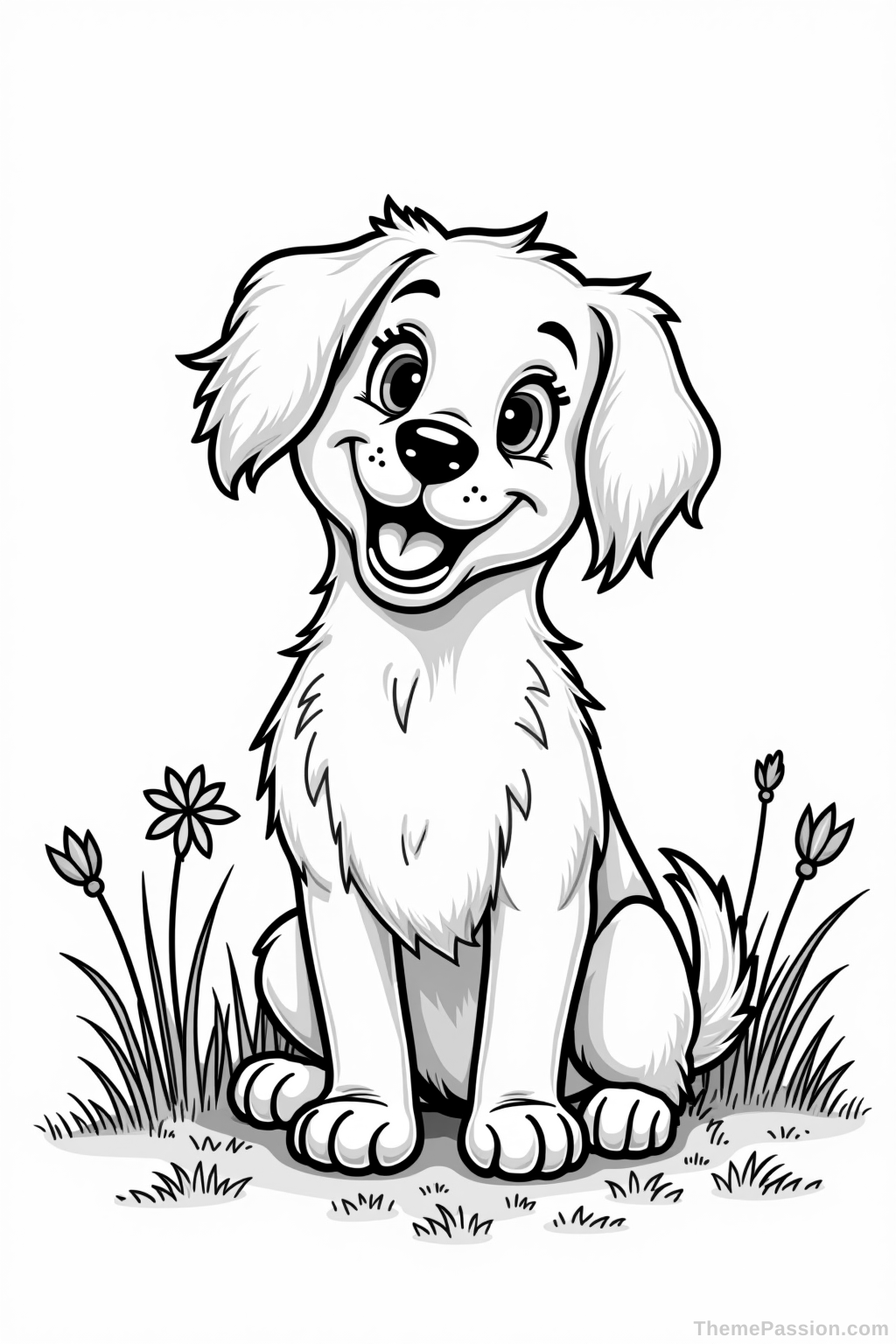 Cheerful Dog in a Field of Wildflowers Coloring Page