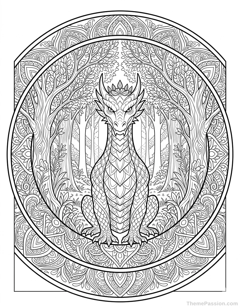 Dragon Forest Mandala Coloring Page