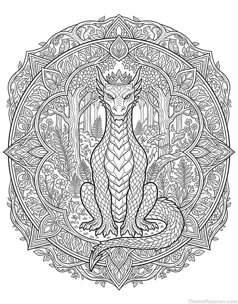 Dragon Forest Mandala Coloring Page
