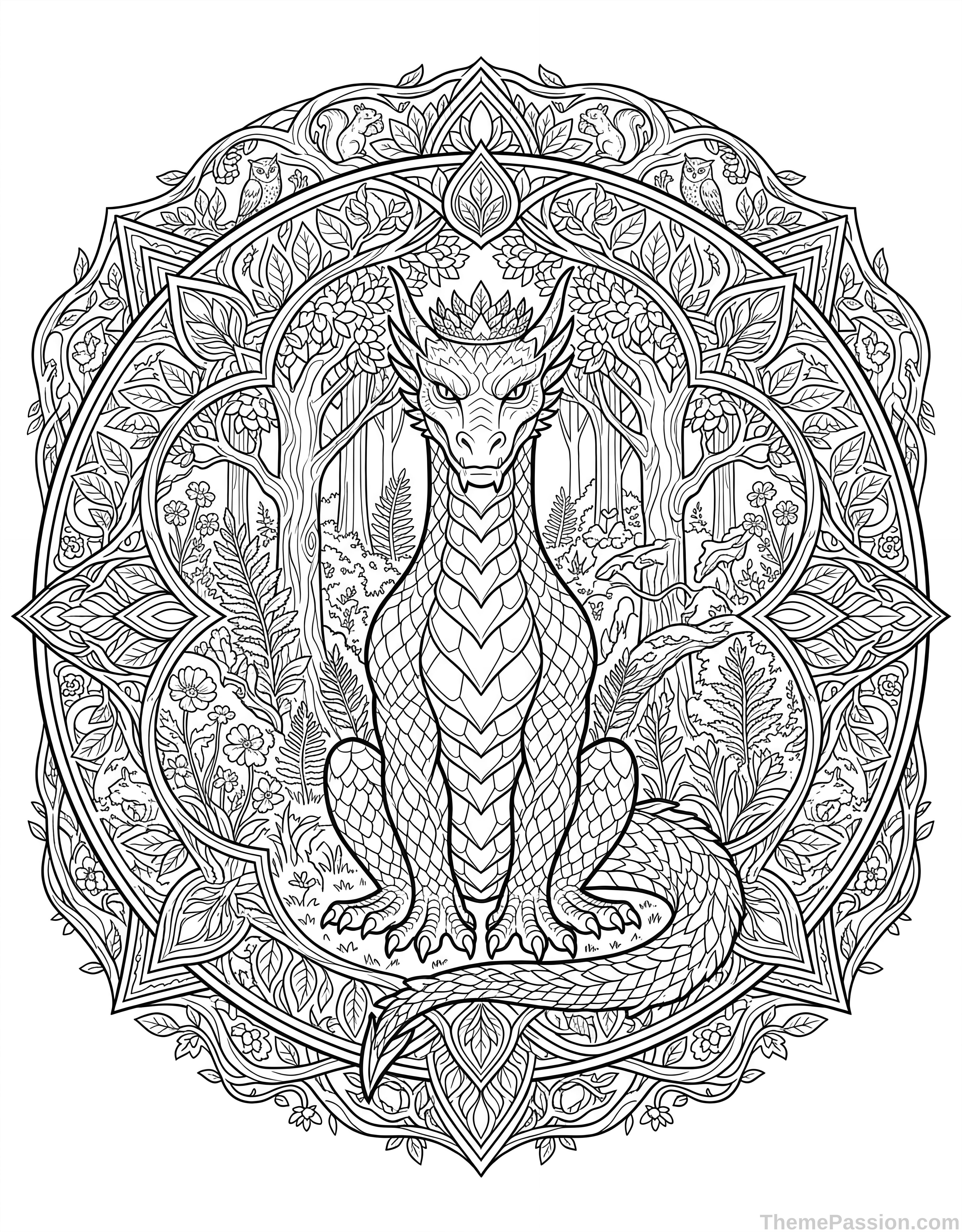 Dragon Forest Mandala Coloring Page