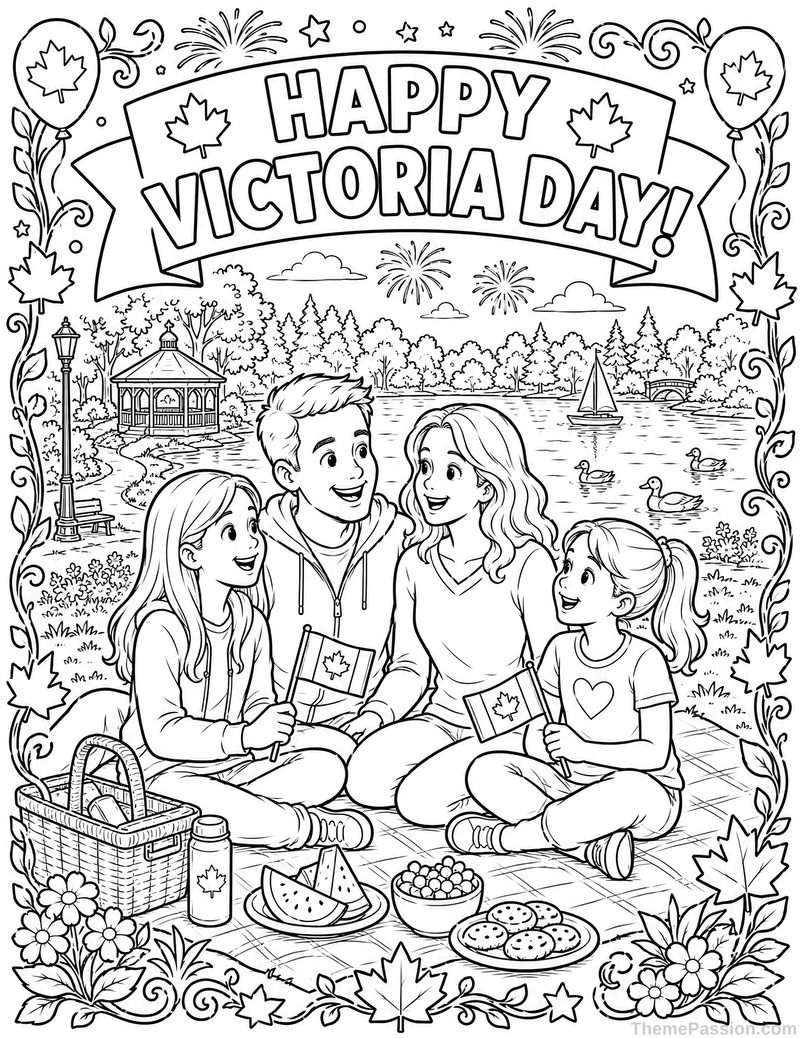 Happy Victoria Day Family Picnic Coloring Page