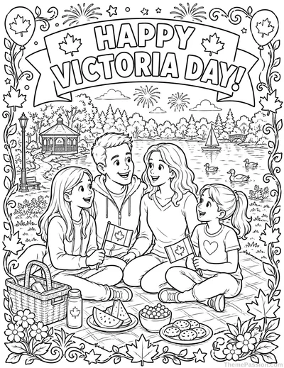Happy Victoria Day Family Picnic Coloring Page