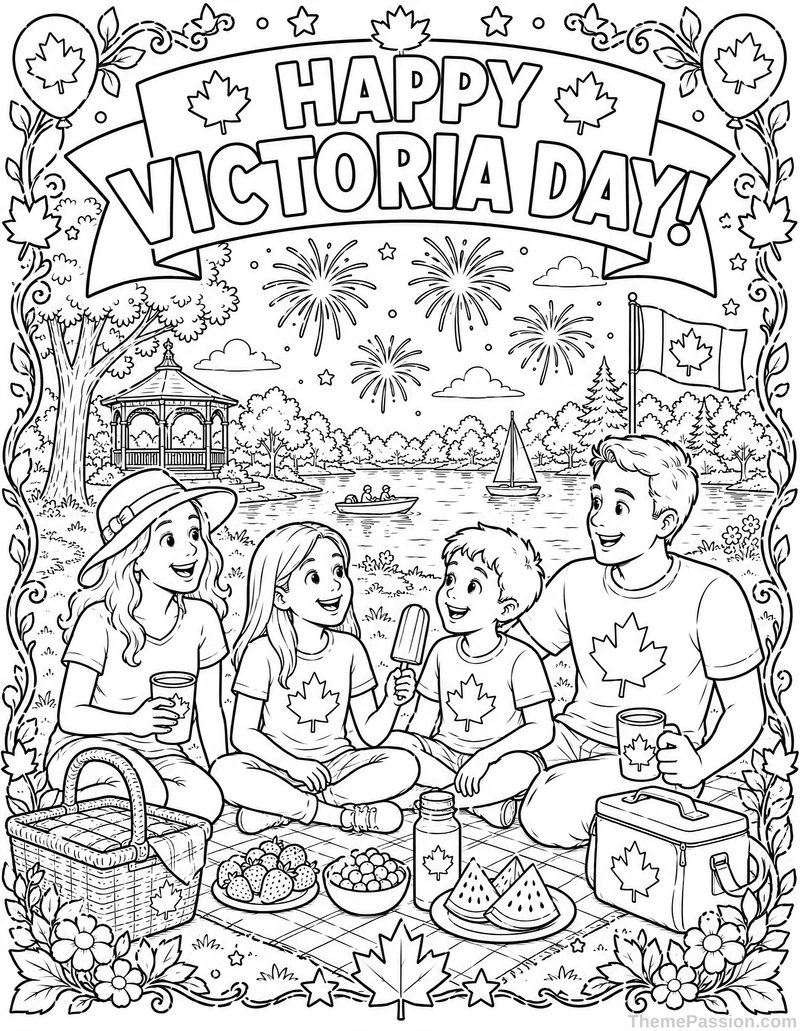 Happy Victoria Day Family Picnic Coloring Page