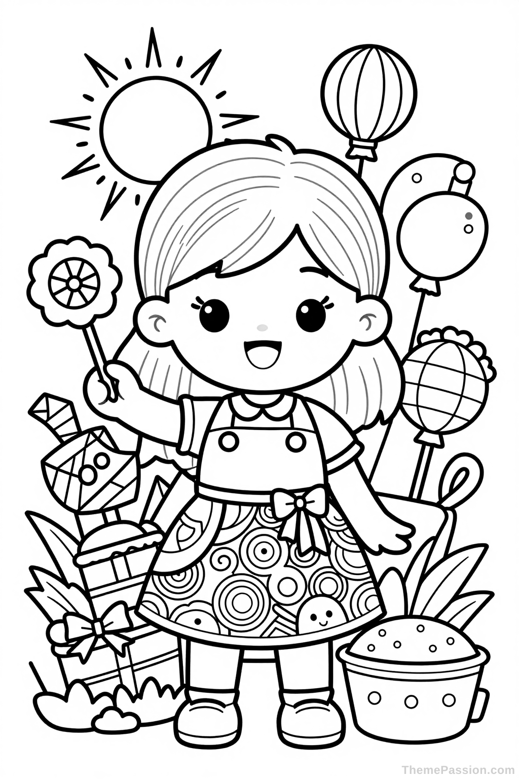 Cute Girl with Decorations Coloring Page