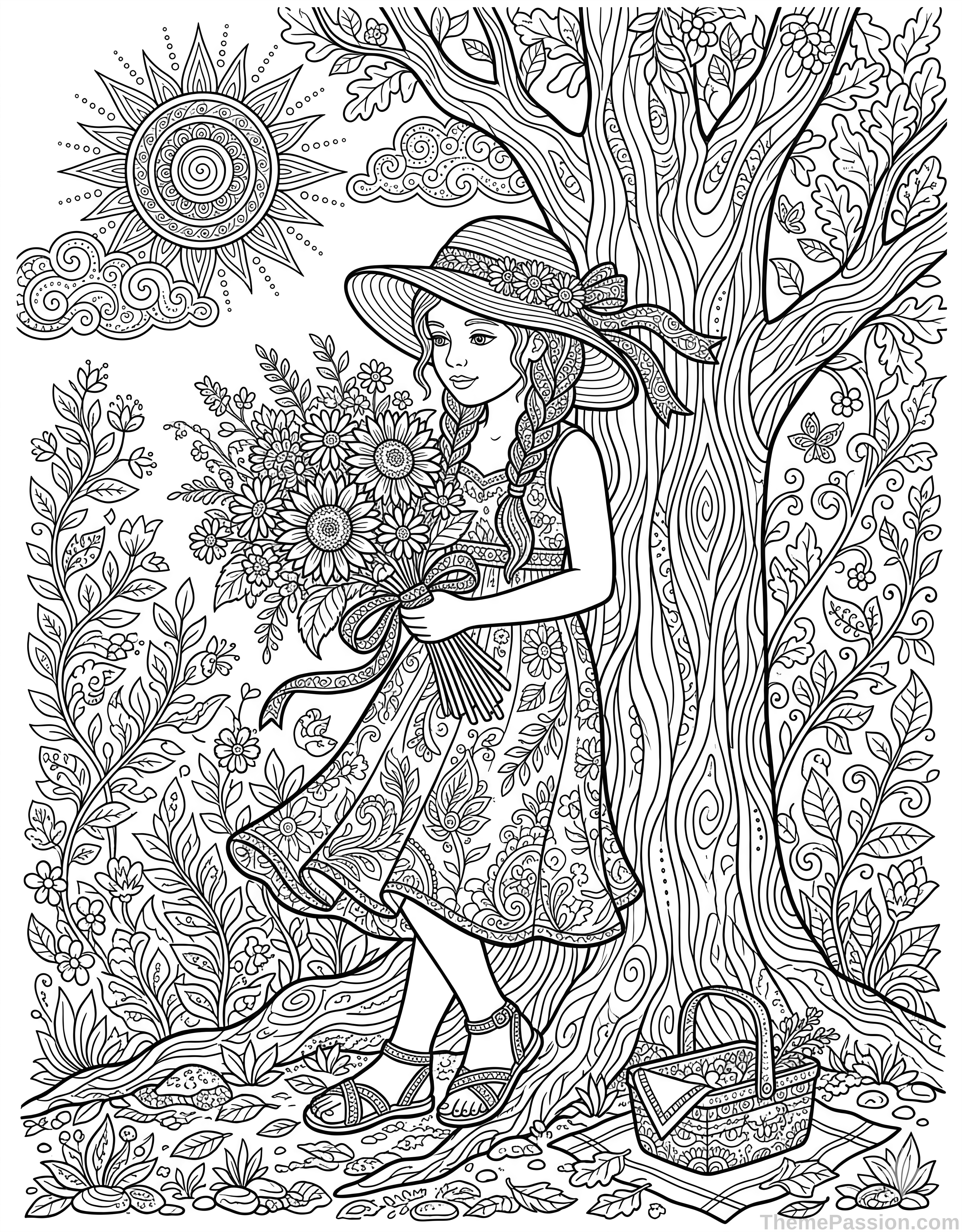 Girl with Flowers in Forest Coloring Page