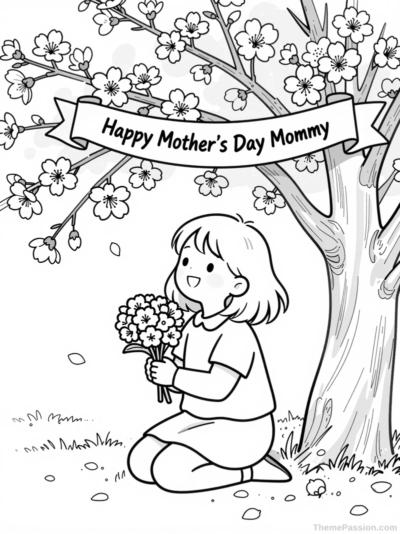 Girl Kneeling Under Cherry Trees Mother's Day Coloring Page
