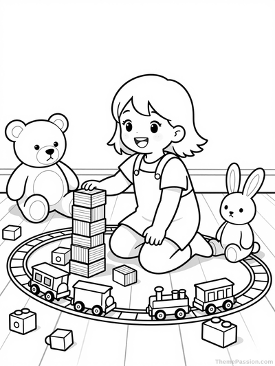 Girl Playing with Toys Coloring Page