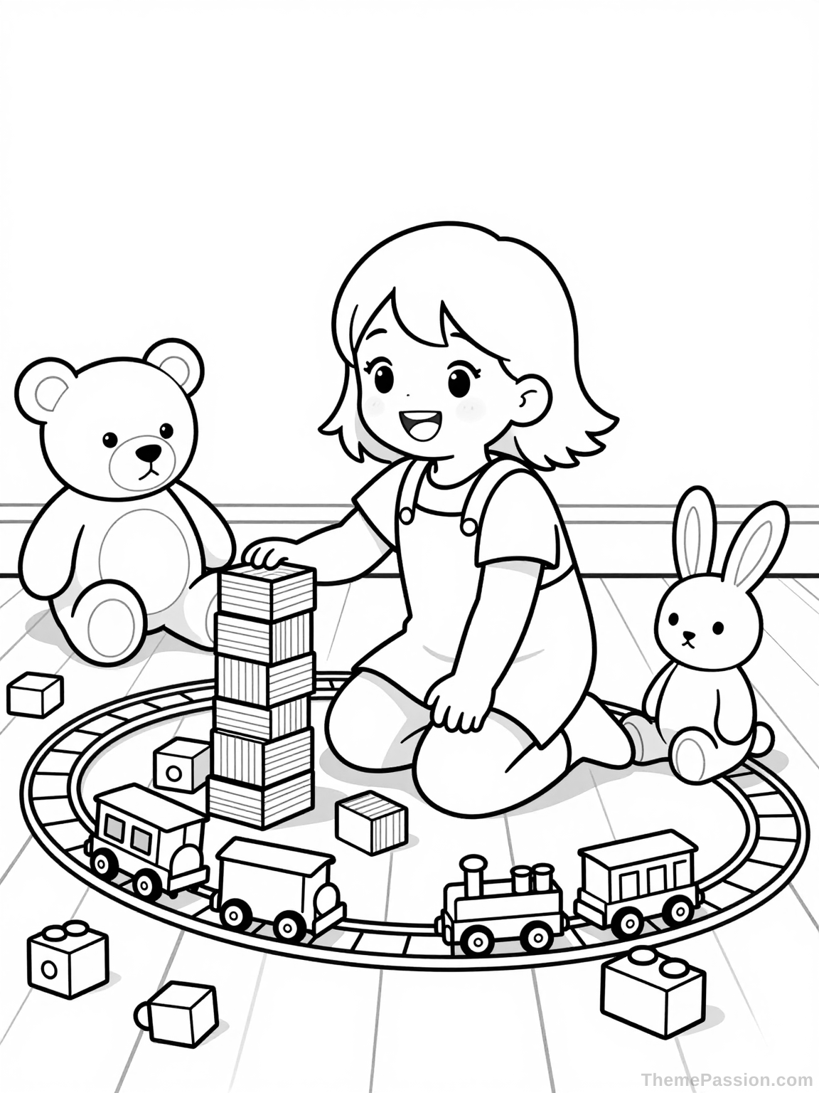 Girl Playing with Toys Coloring Page
