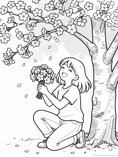 Tween Girl Under Cherry Blossom Tree Coloring Page