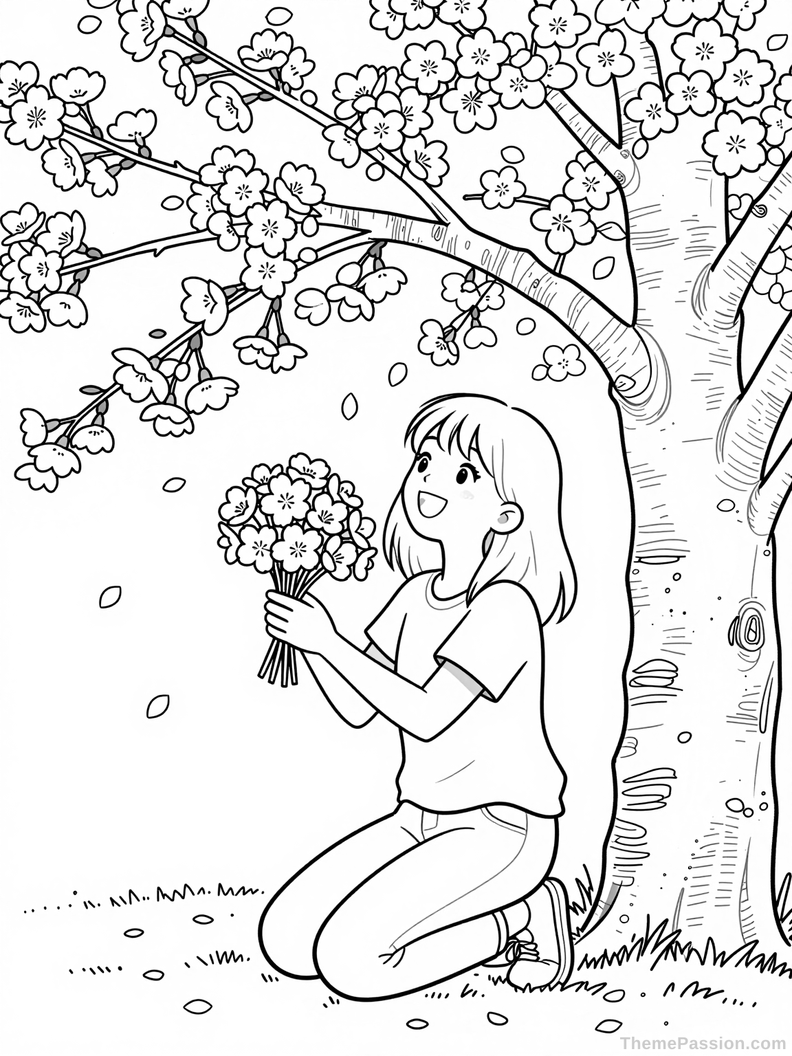 Tween Girl Under Cherry Blossom Tree Coloring Page