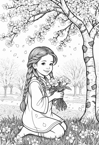Girl with Flowers in Spring Garden Coloring Page