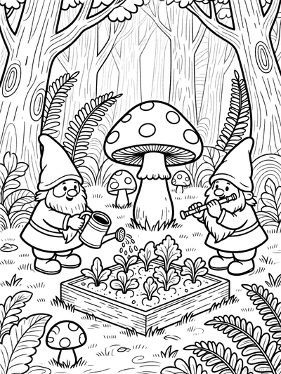 Forest Gnome Garden Coloring Page
