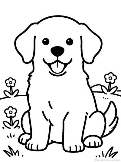 Friendly Golden Retriever Puppy in a Field Coloring Page