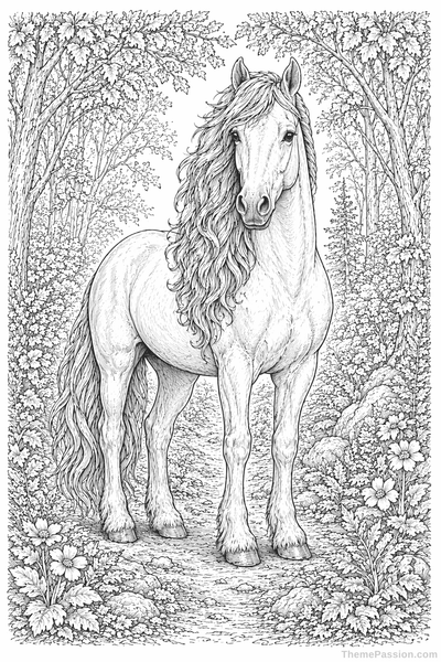 Majestic Horse in Forest Coloring Page