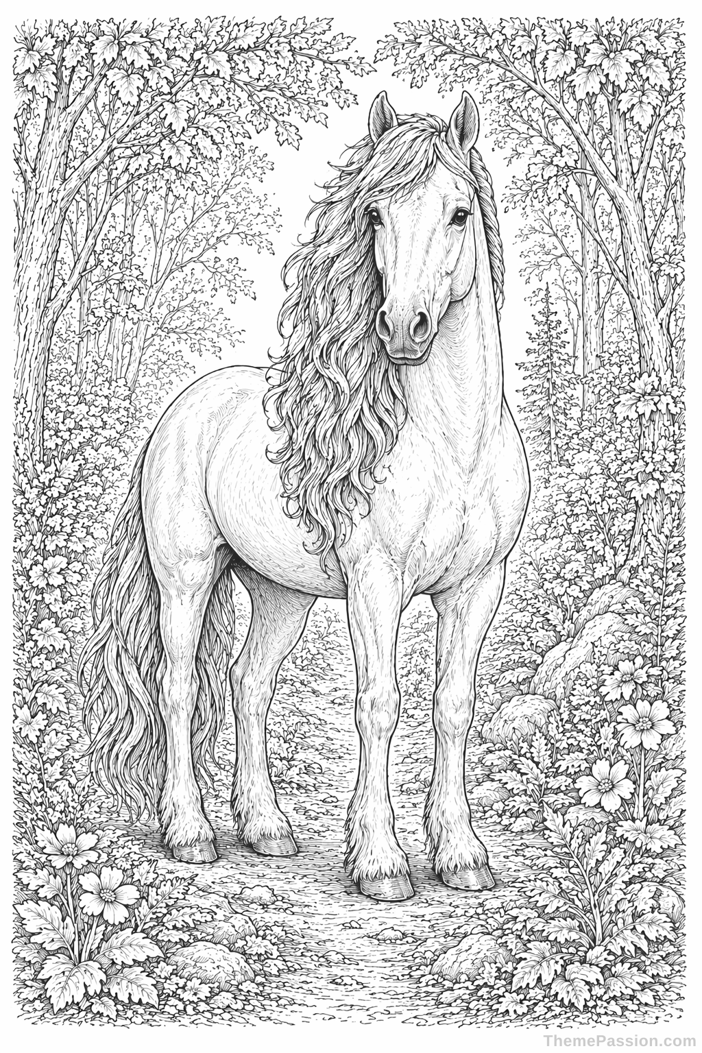 Majestic Horse in Forest Coloring Page