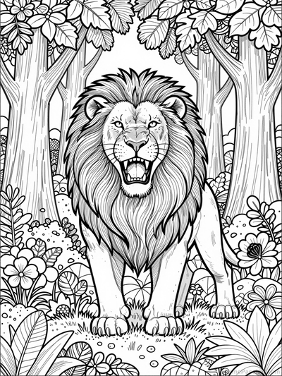 Roaring Lion in Forest Detailed Coloring Page