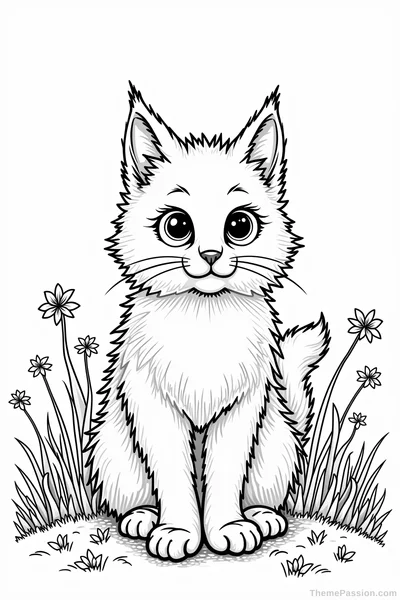 Maine Coon Kitten in a Meadow Coloring Page