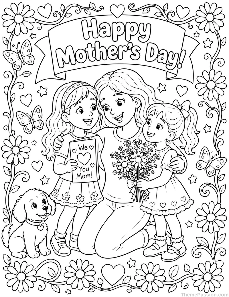Happy Mother's Day with Mom and Kids Coloring Page