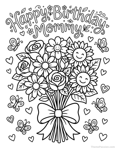 Happy Birthday Mommy Floral Coloring Page