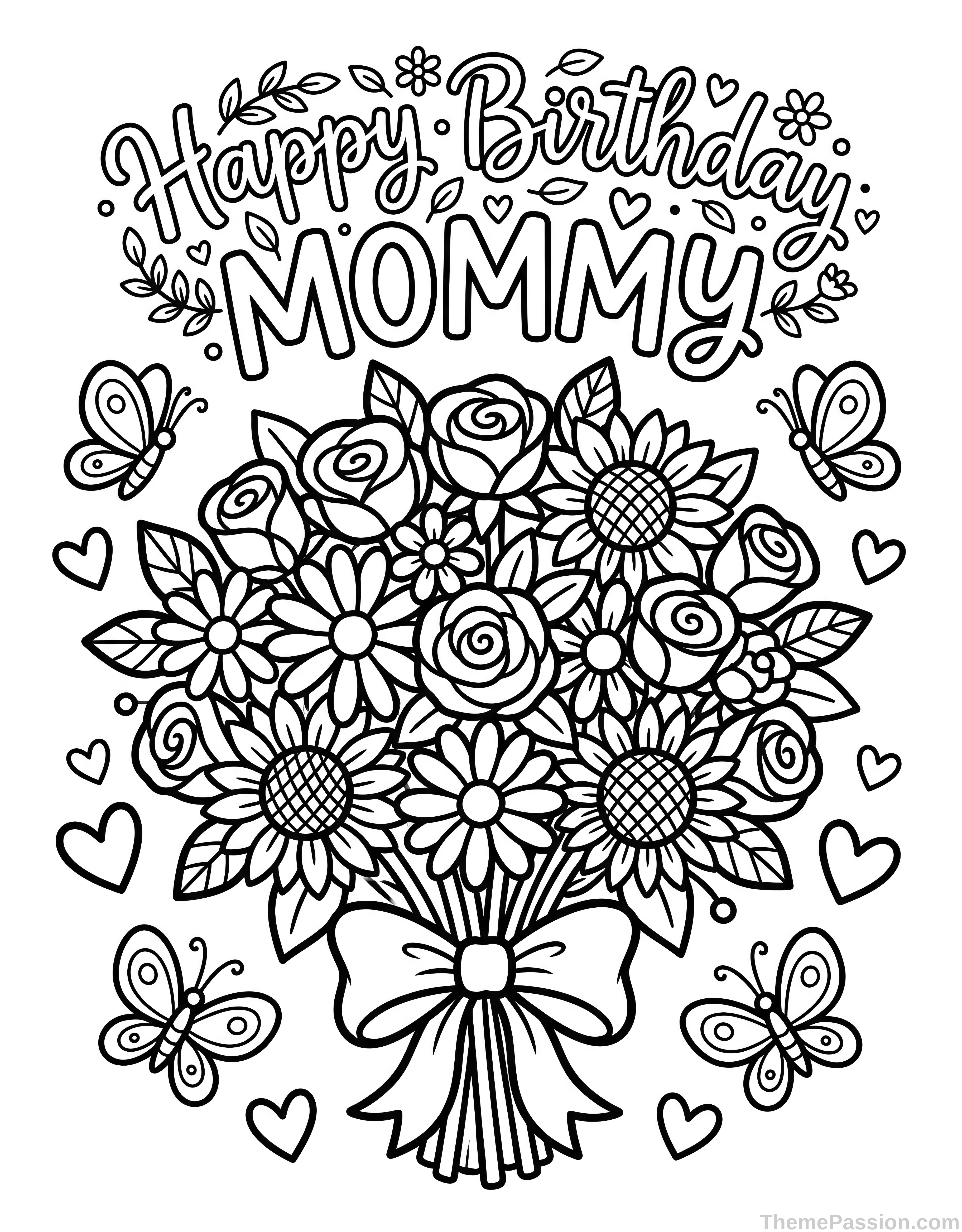 Happy Birthday Mommy Floral Coloring Page