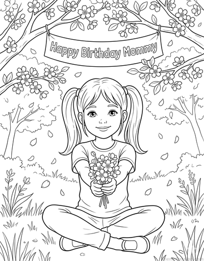 Happy Birthday Mommy Floral Coloring Page