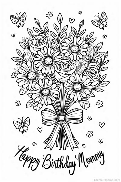 Happy Birthday Mommy Floral Bouquet Coloring Page