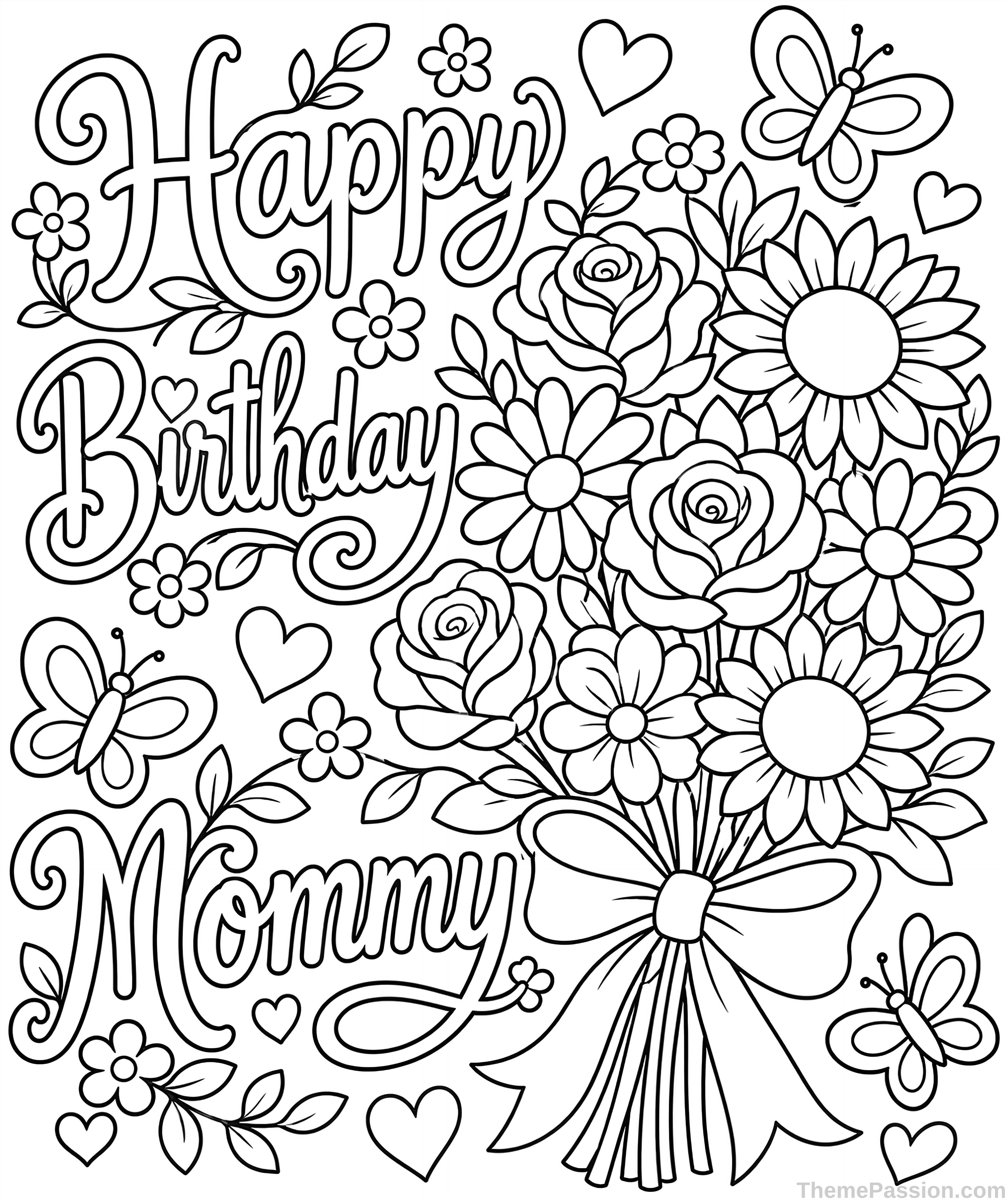 Happy Birthday Mommy Floral Coloring Page