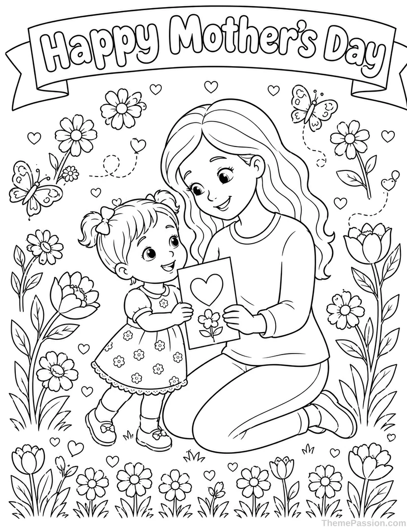 Happy Mother's Day with Daughter Coloring Page