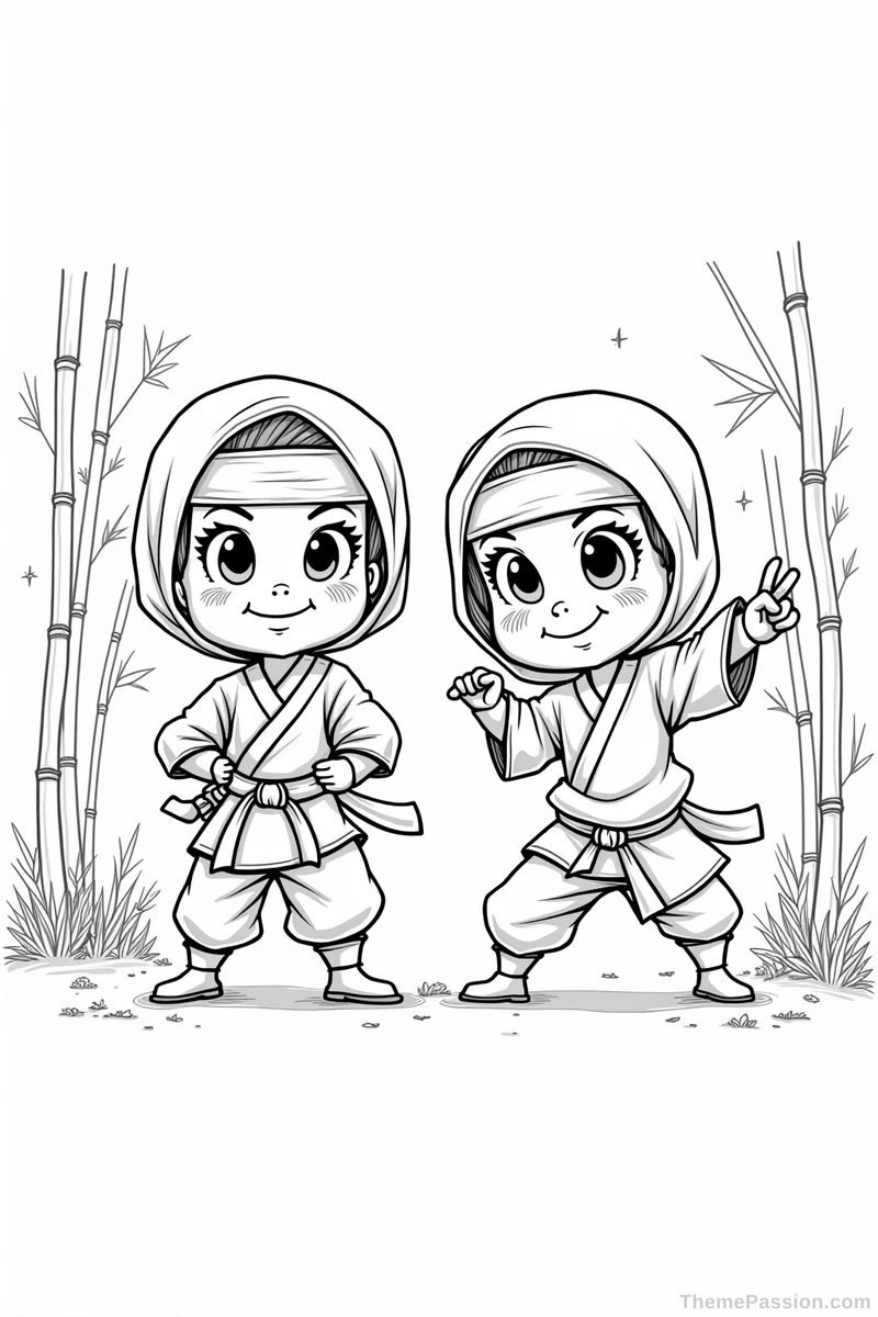 Ninja Kids Action Coloring Page