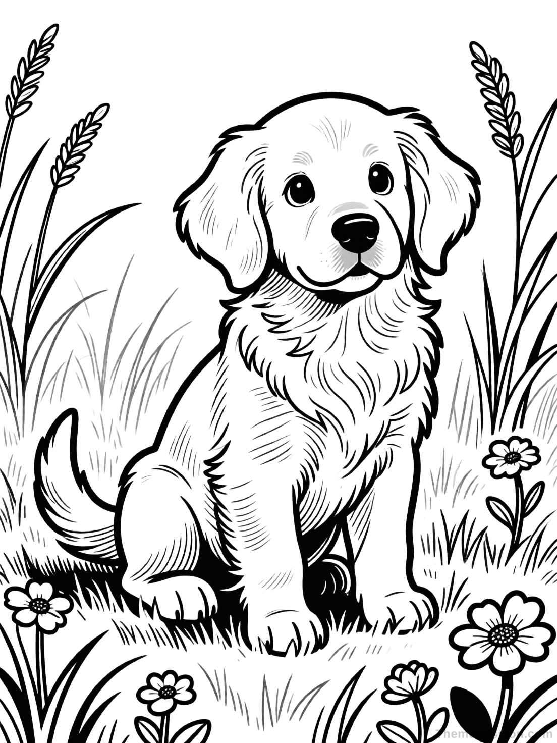 Golden Retriever Puppy in a Flower Garden Coloring Page