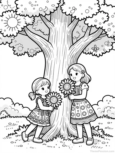 Sisters Birthday Sunflower Tree Coloring Page