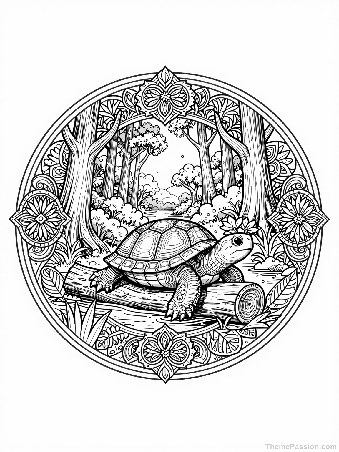 Turtle in Forest Mandala Coloring Page