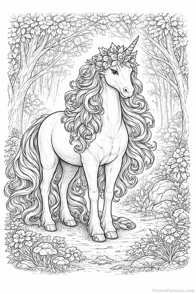Unicorn in Forest Floral Coloring Page